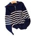 Women's Wool Blend Striped High Neck Sweater - Thick Knit Oversized Pullover With Lantern Sleeves & Zip Detail_ecoleips.com