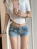 Light Blue Washed Low Rise Stretch Denim Shorts for Women Slimming Fit Super Stylish Bodycon Rolled up Hem Perfect for Summer_ecoleips.com
