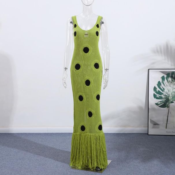 Spring Summer Women Suspender Black Polka Dot Tassel Hem Knit Dress Casual Daily Vacation Knit Dress_ecoleips.com