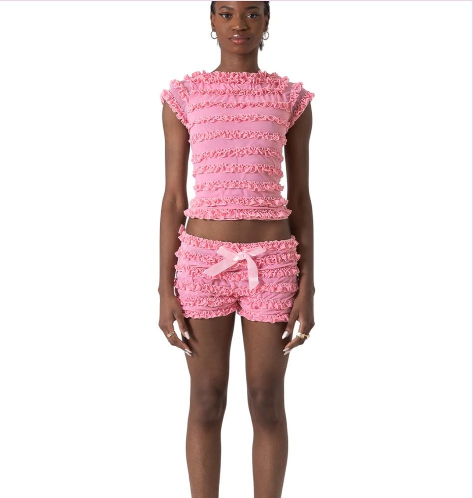 Cross-Border Sweet Spicy Girl Ruffled Hollow Out Tie Strap Camisole Women Summer Lace Trim Puffy Shorts Two-Piece_ecoleips.com