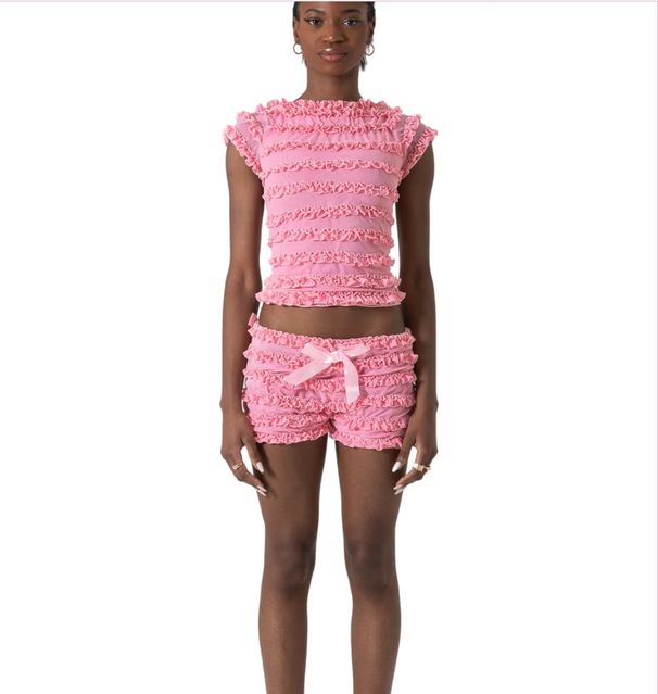 Cross-Border Sweet Spicy Girl Ruffled Hollow Out Tie Strap Camisole Women Summer Lace Trim Puffy Shorts Two-Piece_ecoleips.com
