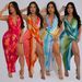 Women's Clothing Deep V Neck Beaded Halter Neck Sexy High Slit Printed Pattern Satin Texture Dress_ecoleips.com