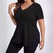 2026 Spring/Summer New Solid Color Plus Size Women's Top V-Neck Ribbed Short Sleeve Slit Pullover_ecoleips.com