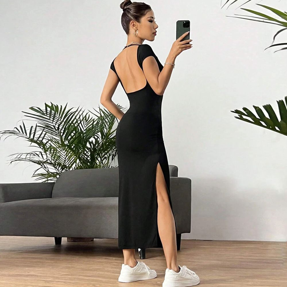 Voya Women's Elegant Style Knitted Sleeveless Dress Summer New Item Backless Slit Mid Length Dress_ecoleips.com