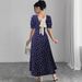 Women's European American Style Short Sleeve Long Dress Waist Cinching Bow Decoration Versatile Print Clothing_ecoleips.com