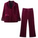 Women's Autumn Velvet Faux Fur Effect Cuffed Suit Jacket And High Waisted Trousers Set_ecoleips.com