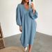 Casual Life Solid Color Pocket V Neck Long Sleeve Dress Solid Color Long Skirt Wholesale_ecoleips.com