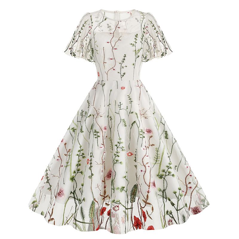 New 2025 Retro Embroidery Heavy Duty Mesh Dress round Neck Short Sleeve for Women European And American Style Cross Border_ecoleips.com