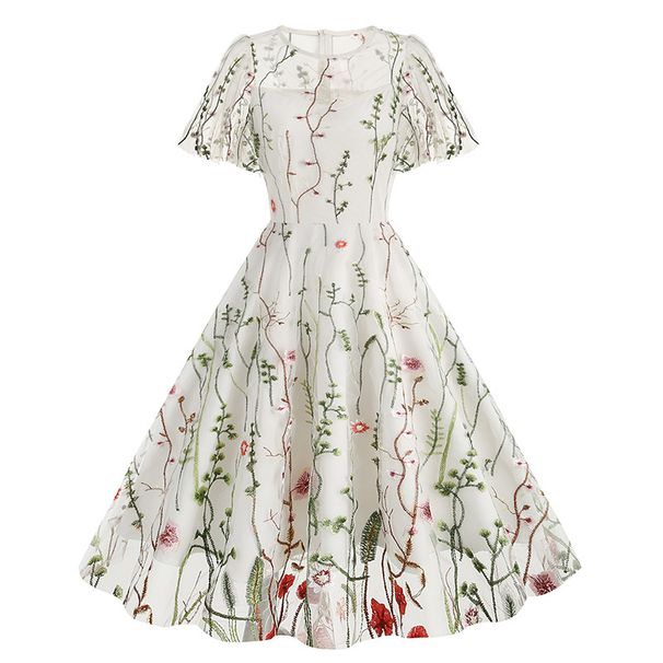 New 2025 Retro Embroidery Heavy Duty Mesh Dress round Neck Short Sleeve for Women European And American Style Cross Border_ecoleips.com