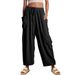 Women's Linen-Blend Elastic Waist Wide-Leg Pants - Crinkle Texture Mid-Rise Straight Leg Cropped Trousers_ecoleips.com