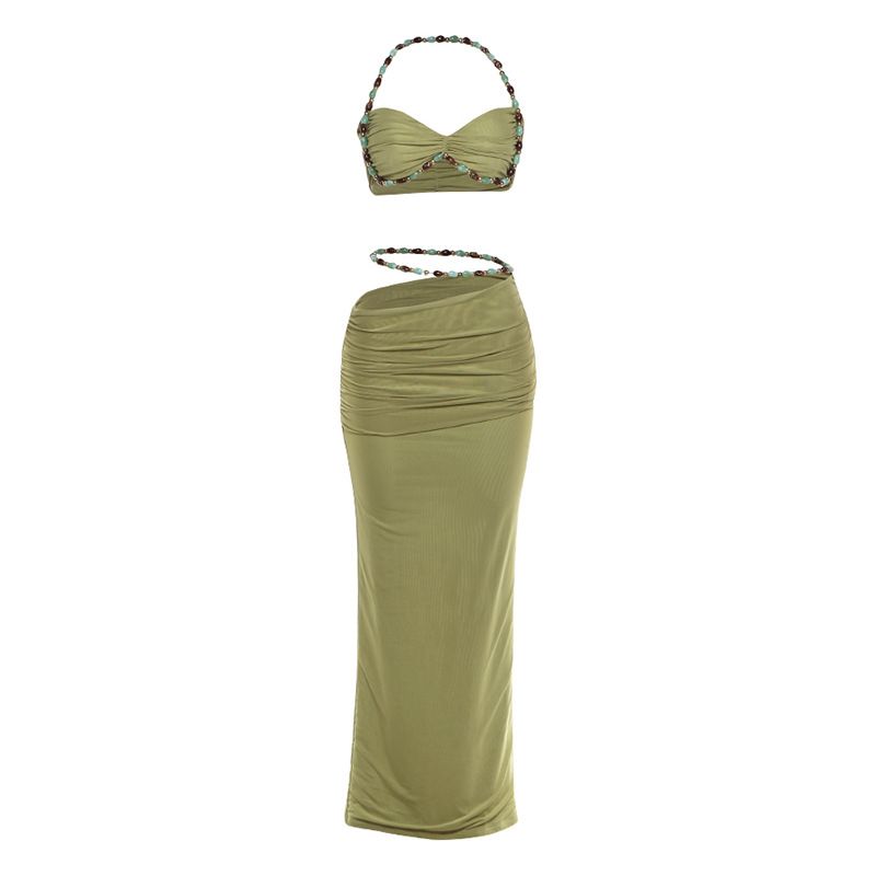 Slim-Fit Halter Neck Crop Top & Bodycon Skirt Set, Sexy Ribbed Two-Piece Outfit For Women, Spring Streetwear, Green & Black_ecoleips.com