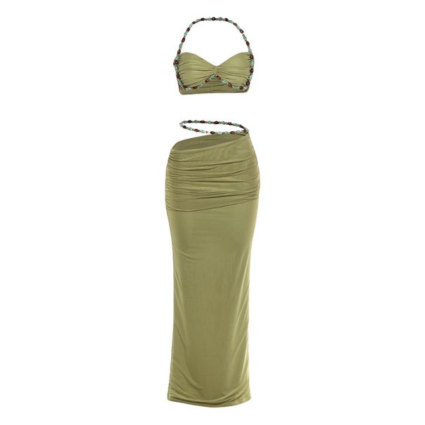 Slim-Fit Halter Neck Crop Top & Bodycon Skirt Set, Sexy Ribbed Two-Piece Outfit For Women, Spring Streetwear, Green & Black_ecoleips.com