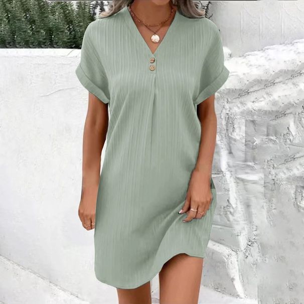 Women's Clothing V Neck Pullover Dress American Style Solid Color Casual Button Detail Comfortable Fit New_ecoleips.com