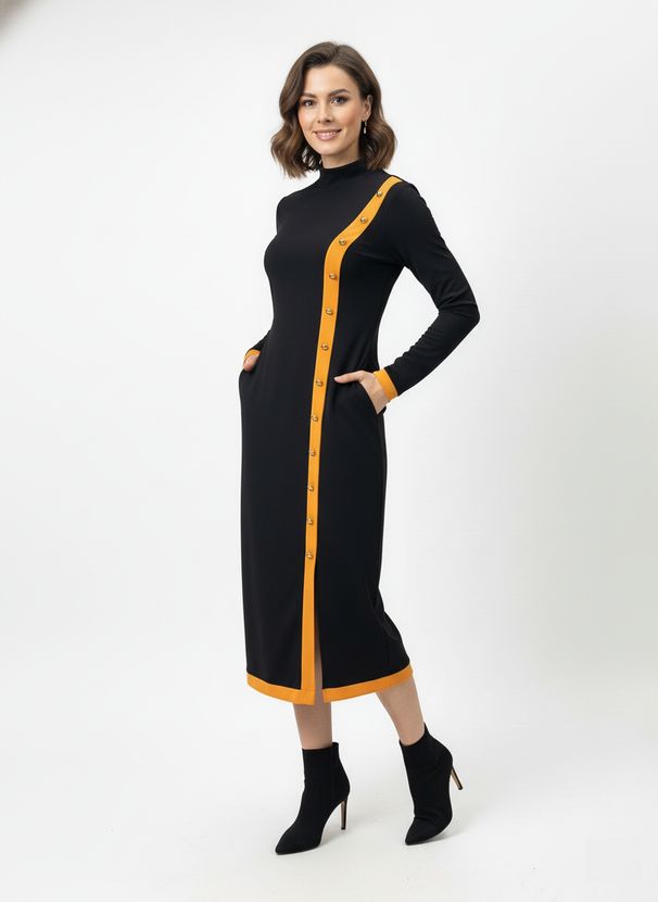 Freeacy Women's Minimalist Contrast Color Dress Stretchy Turtleneck Long Sleeve Fitted Side Button Office Daily Midi Dress_ecoleips.com