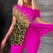 Women's Clothing Suit Leopard Print Irregular One Shoulder Raglan Sleeve Short Sleeve T Shirt Pants Suit_ecoleips.com