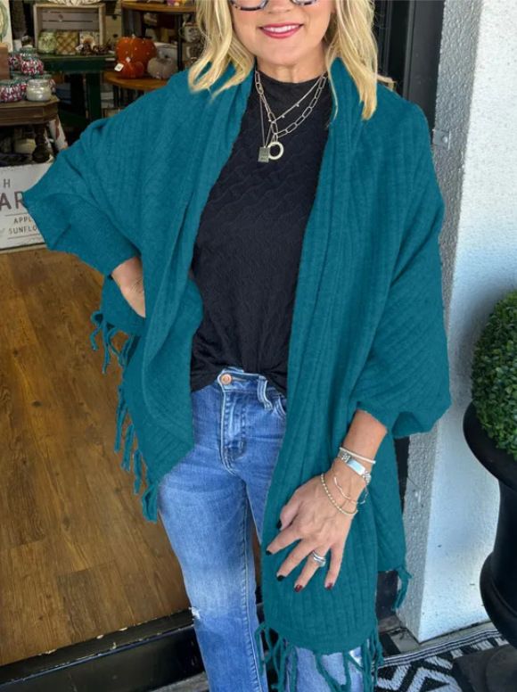 Oversized Batwing Fringe Shawl Cardigan – Lightweight Knit Cover-Up For Women (9 Colors, One Size Fits Most)_ecoleips.com