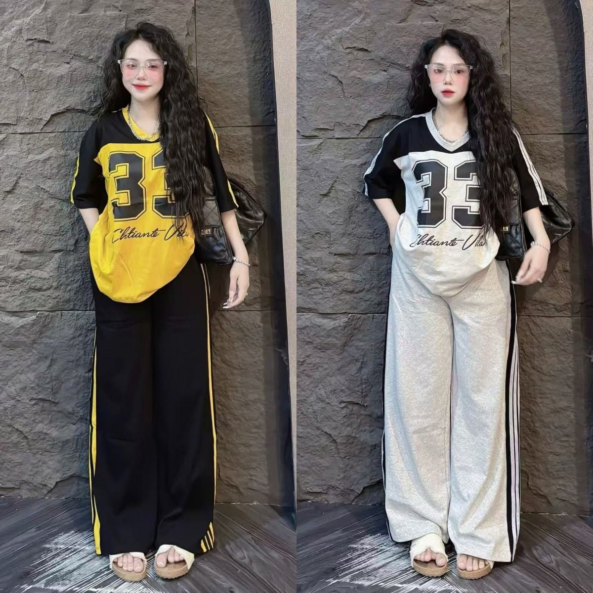 American Style Women's Fashion Two Piece Suit Color Blocking Letter Print Short Sleeves Stripes Loose Fit Wide Leg Pants Summer_ecoleips.com