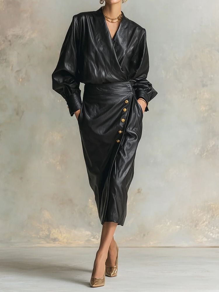Freeavy Women's PU Leather Long Sleeves Dres V-neck High Waist A-line Pleated Midi Dress 2025 Fall Stylish Trench Coats_ecoleips.com