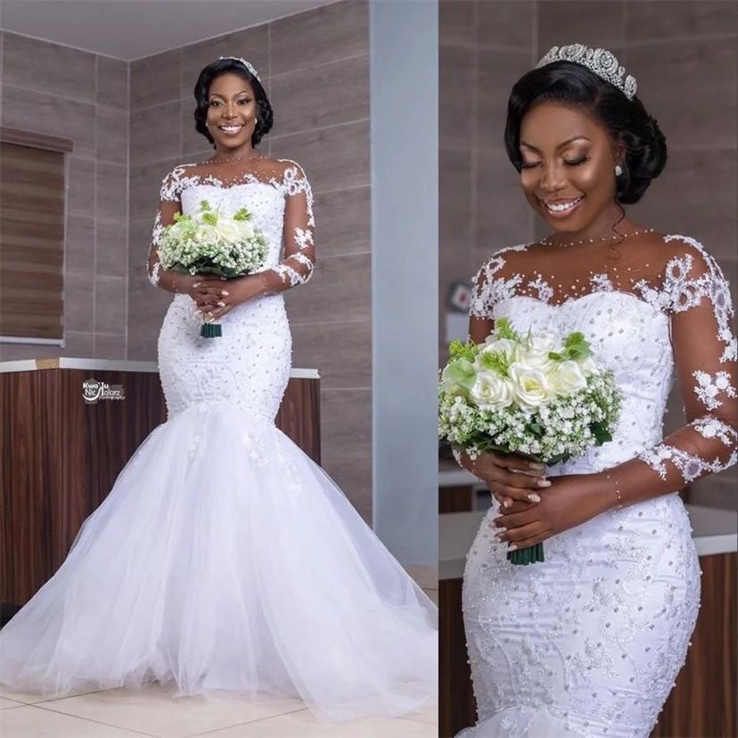 Women's Clothing Wedding dress new lace round neck long sleeve mermaid slim bride wedding dress one piece delivery_ecoleips.com