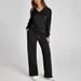 Independent Station Loose V-Neck Sleeve Top With Drawstring Design Elastic Waist Flared Long Pants Two-Piece Set_ecoleips.com