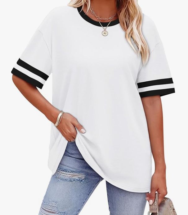 Women's Casual Short Sleeve T-Shirt Striped Contrast Cuff Loose Fit Comfortable Breathable Daily Wear_ecoleips.com