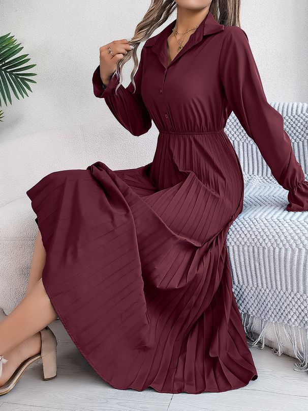 Real Shot Of 2026 European American Spring/summer Casual Long-sleeve Pleated Dress With A Turn-down Collar And Buttons,_ecoleips.com
