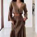 Women's Clothing Solid Color Summer Fashion Cardigan V Neck Lace Up High Slit Cotton And Linen Two Piece Skirt_ecoleips.com