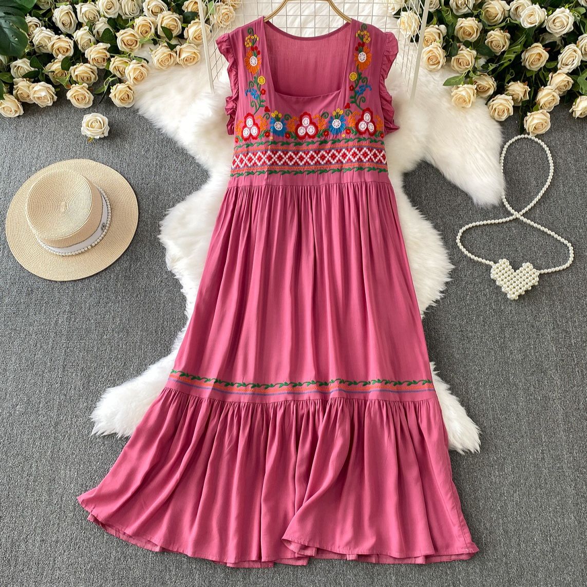 Women's Clothing Pink Heavy Embroidery Square Collar Small Flying Sleeve Dress Women's Summer Loose Slim Pleated Ruffled Long Skirt_ecoleips.com