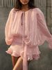 2026 Summer Elegant Sexy Mini Dress, Tie Ruched Neck, Lantern Sleeves, Double-Layer Ruffle Hem, Fully Lined_ecoleips.com