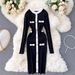 Women's Clothing Elegant Single-Button Slim-Fit Color-Block Knit Bodycon Dress For Women_ecoleips.com