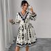 Women's Clothing Plus Size Clothes Elegant Plus Size Puff Sleeve V-Neck Dress – Printed Flowy Winter Dress For Women, High Waist Slimming & Stylish_ecoleips.com