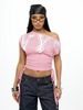 Women's Clothing Summer Off-Shoulder T-Shirt Letter Print Cropped Top Drawstring Regular Fit_ecoleips.com