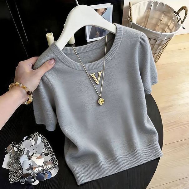 \Women's Gray Knitted Short Sleeve T-Shirt Stylish Youthful Elegant Top For Summer New Style_ecoleips.com