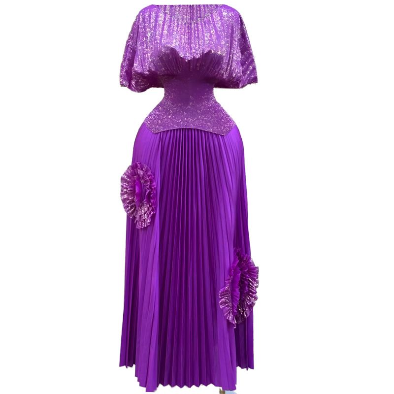 Women's Clothing Plus Size Women's Slimming Fashion Set Gold Stamped Top With Pleated Skirt 300 Lbs Weight Capacity Long Fashionable Skirt_ecoleips.com