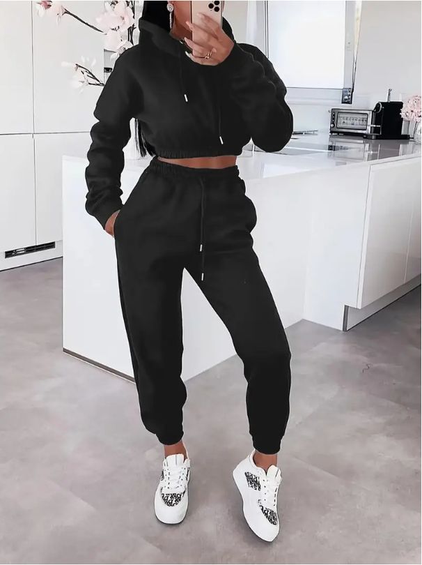 Women's Fleece Hoodie Sweatshirt & Pants Lounge Set - Cozy Winter Two-Piece Outfit With Print Design (Available In M/L/XL/XXL, Black/Pink/Beige)_ecoleips.com