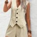 Women's Clothing V-Neck Button Vest & Shorts Set – Elegant Office Wear (S-XXL, Army Green/Beige/Khaki/Black/White)_ecoleips.com