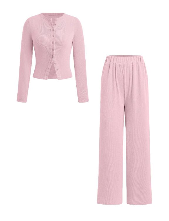 Stylish Knit Button-Up Long Sleeve Top & Wide Leg Pants Set - Comfortable Casual Outfit For Women (XS-XXL, Multiple Colors)_ecoleips.com