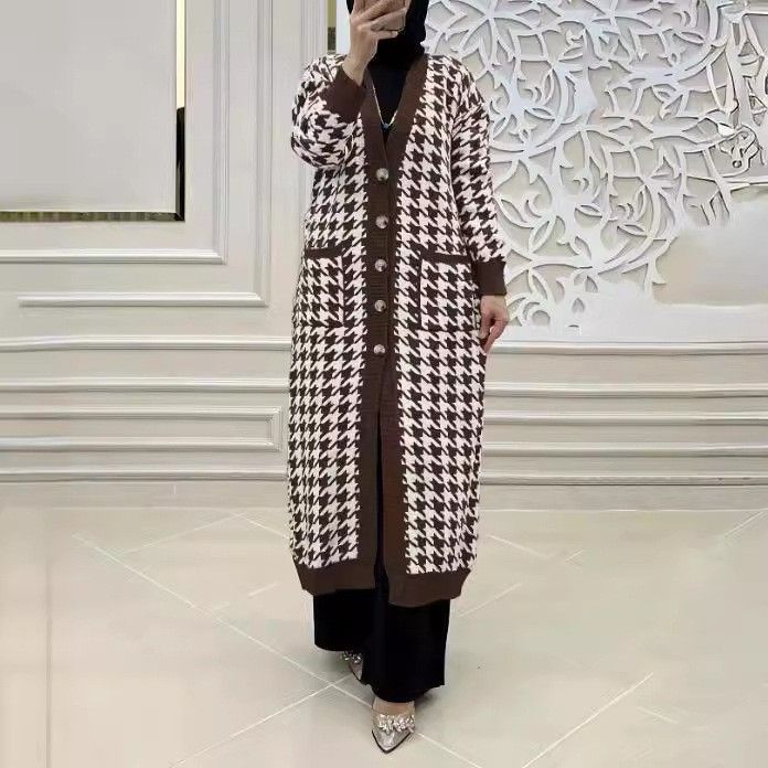 Elegant Houndstooth Long Cardigan For Women – Modest Muslim Abaya Coat, Polyester Blend Open Front Knit Sweater With Pockets, Plus Size Friendly_ecoleips.com