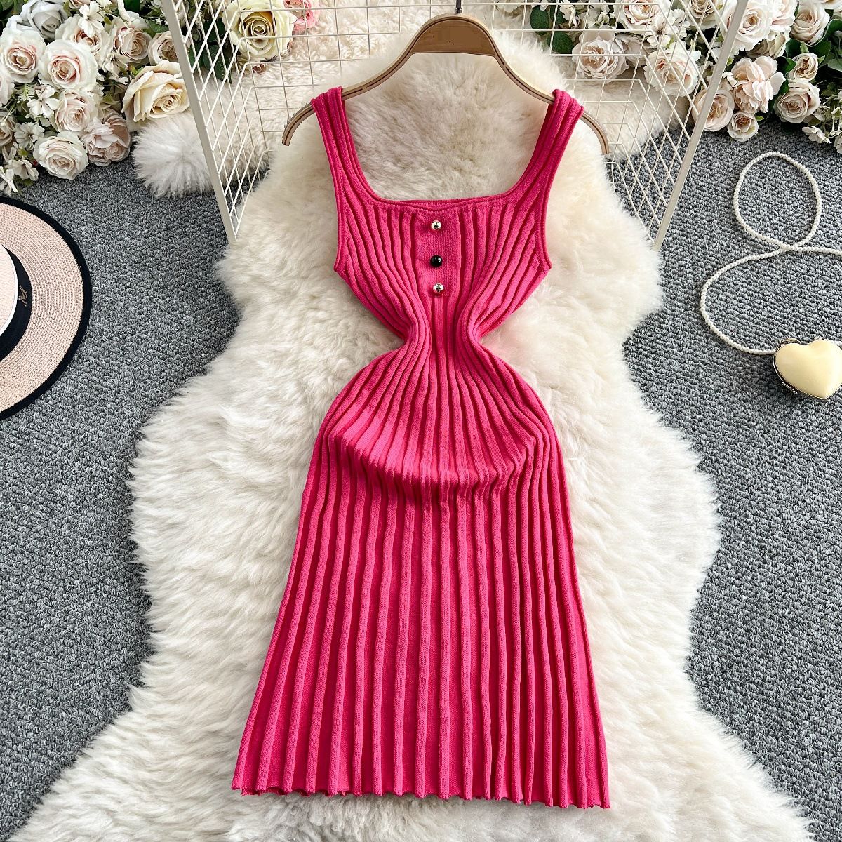 Women's Clothing Sexy Square Neck Knitted Suspender Dress Elastic Waist Slim Pleated Mid Length Skirt_ecoleips.com
