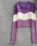 Dopamine-Inspired Colorblock Polo Neck Long Sleeve Knit Sweater For Women, Slim Fit Cropped Top, Autumn Casual Wear_ecoleips.com