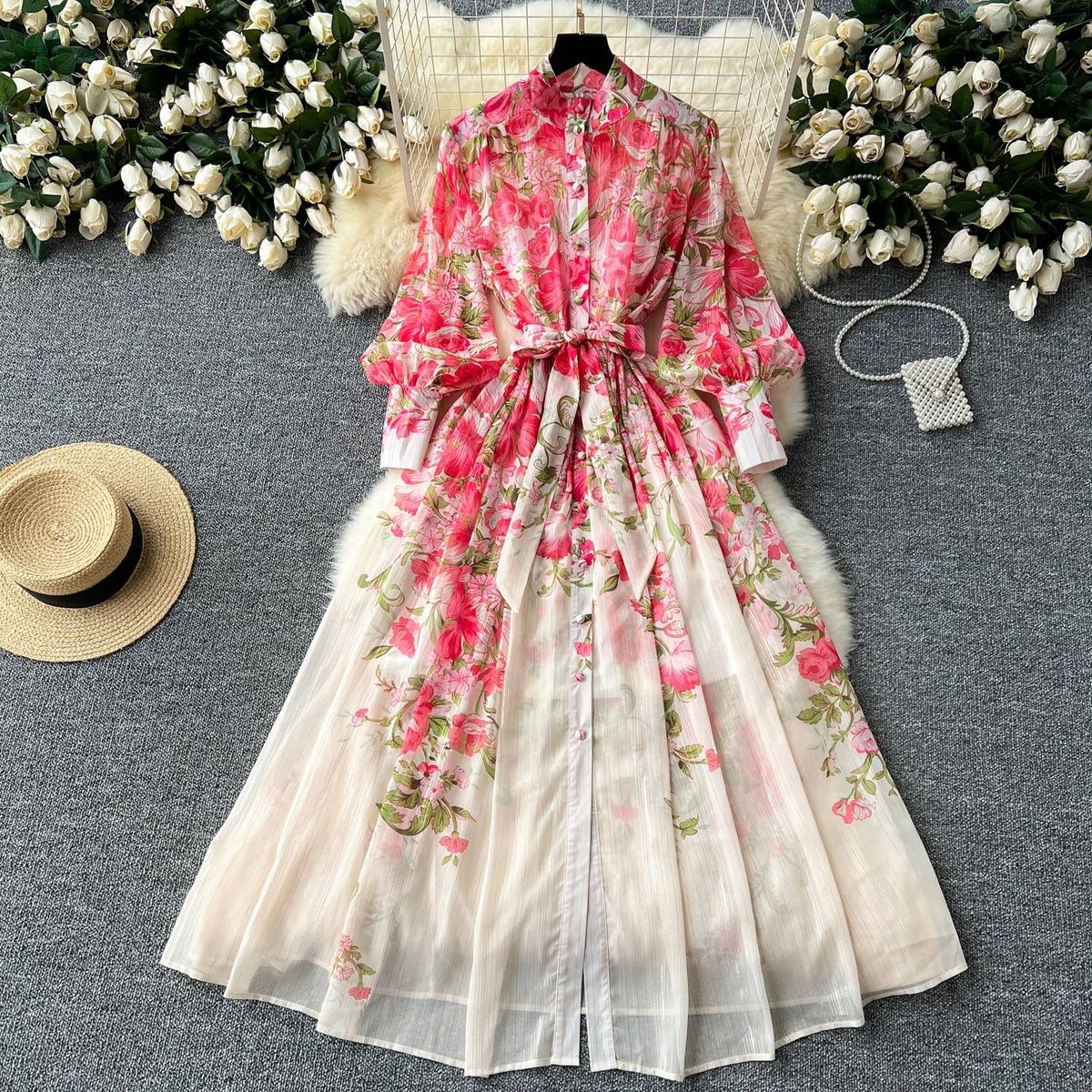 Women's Clothing Women's Printed Dress Stand Up Collar Long Sleeves High Waist Long Skirt Niche French Chiffon Fairy Skirt_ecoleips.com