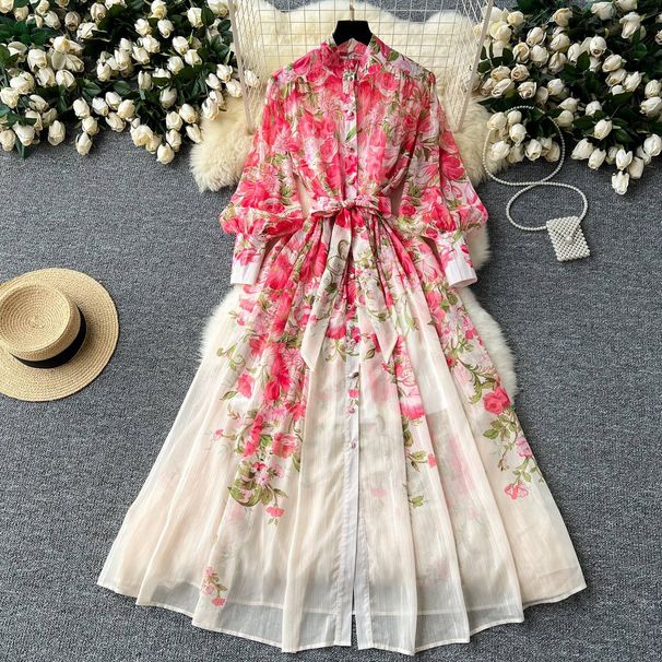 Women's Clothing Women's Printed Dress Stand Up Collar Long Sleeves High Waist Long Skirt Niche French Chiffon Fairy Skirt_ecoleips.com