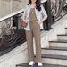 Women's Style Autumn Winter Casual Striped Three Piece Set Sleeveless Vest Shirt Elastic Waist Straight Leg Wide Leg Pants_ecoleips.com