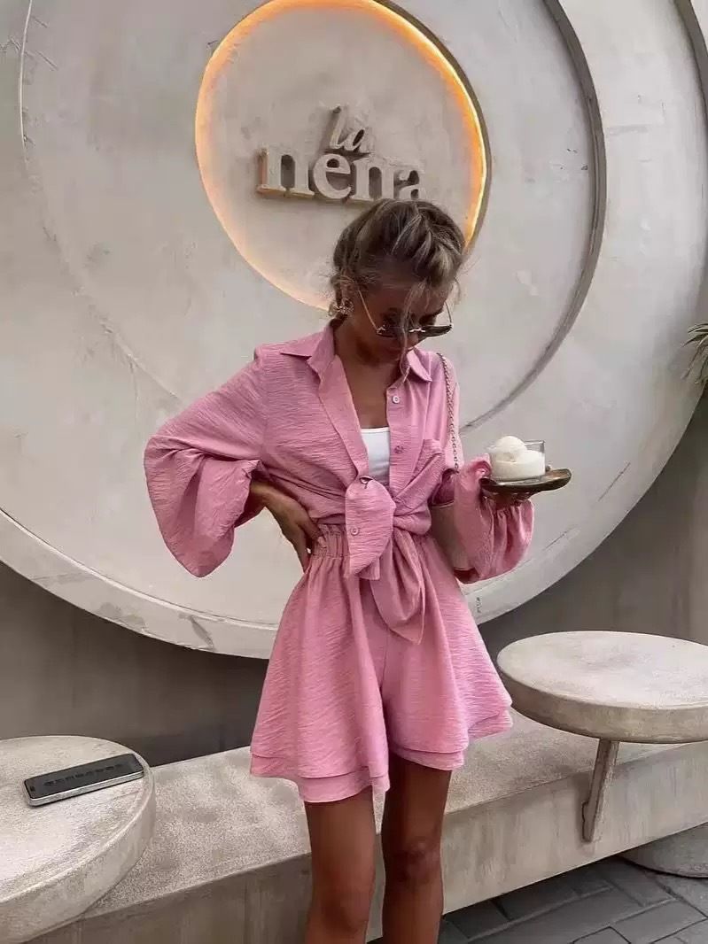 Women's Clothing Summer Casual Fashion Clothing Set Long Sleeved Top With Ruffled Shorts_ecoleips.com