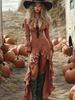 Women's Long Sleeve Bohemian Style Pleated Ruffle Dress With Irregular V-Neck_ecoleips.com