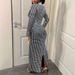 "Elegant Houndstooth Patchwork Dress For Women - Slim Fit Long Sleeve Dress With Puff Sleeves, Autumn & Winter Fashion"_ecoleips.com