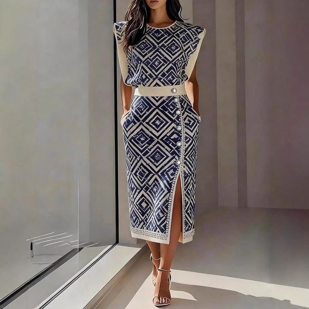 Women's Printed Sleeveless Top And Slit Long Skirt Set New Fashion American Style_ecoleips.com