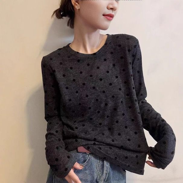 A Long-Sleeved T-Shirt With Grey Polka Dot Print As The Base Layer, A Loose Round-Neck Top For Spring And Autumn, And A_ecoleips.com