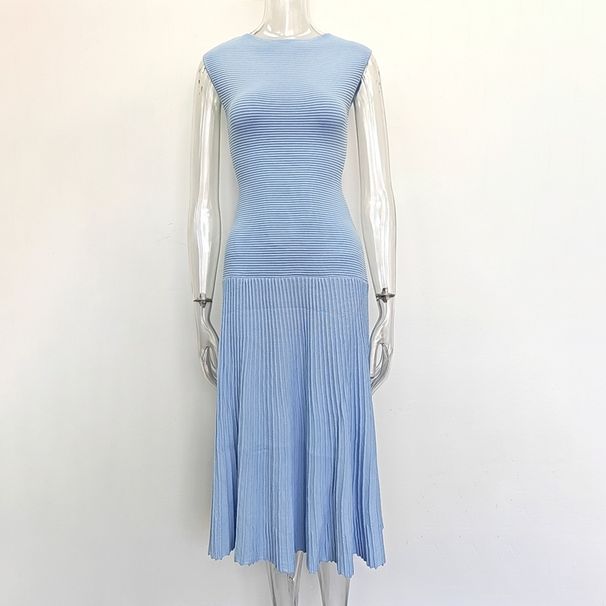 Elegant Ribbed Knit Midi Dress Sleeveless round Neck Bodycon Slimming Stretch Jersey Fabric Flared Hem for Women_ecoleips.com