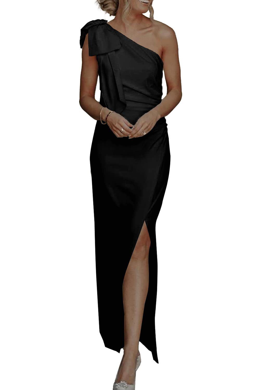 Elegant Asymmetrical Maxi Dress for Women Side Slit Ruffle Detail Black Red Blue S to XL_ecoleips.com